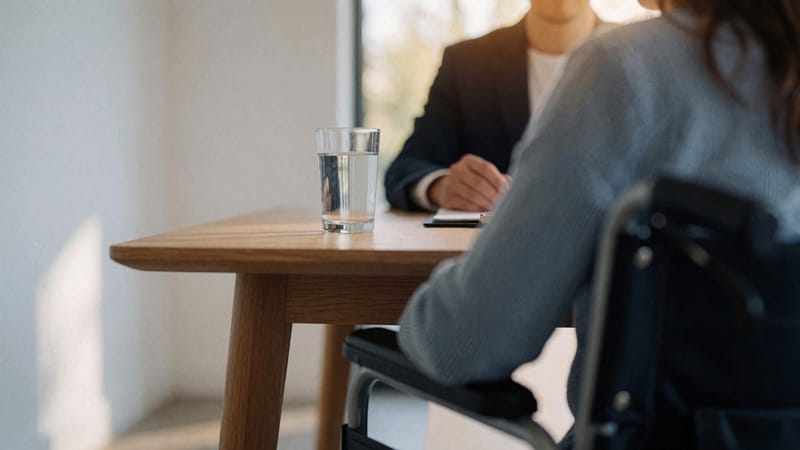 A client in a wheelchair meeting across a table with an attorney
